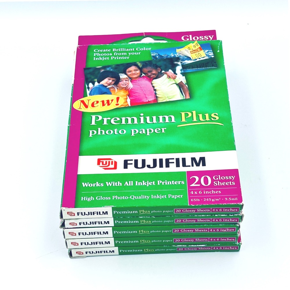 5 Pack Fujifilm Photo Paper 4x6 Glossy Inkjet 100 Sheets Total Premium Plus‎ NOS